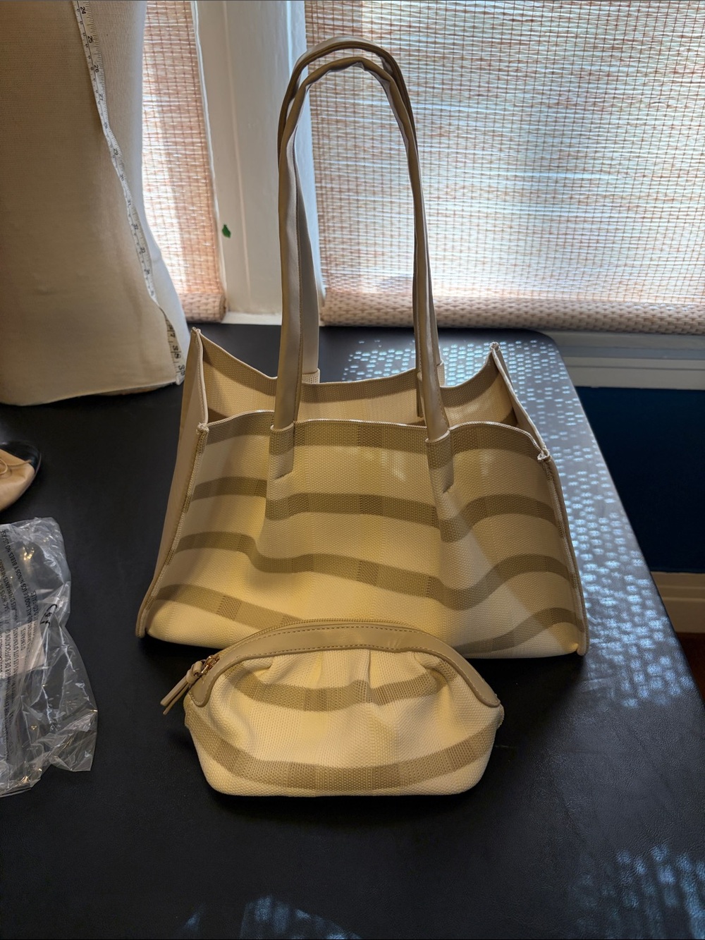 Neiman Marcus Beige Striped Tote with matching makeup Pouch